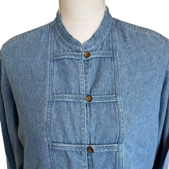 J. Jill Shirt Blouse Top Sz Petite Small Blue Denim Mandarin Coller 100% Cotton - Picture 2 of 9